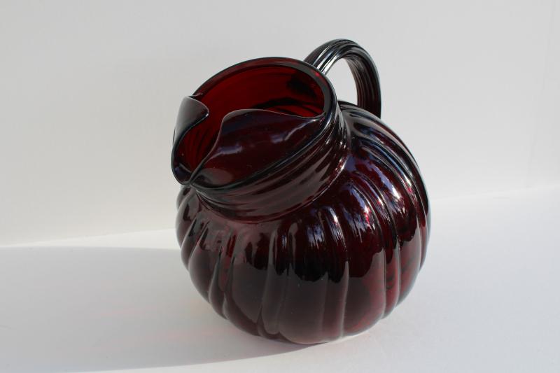 photo of vintage Anchor Hocking royal ruby red depression glass swirl pattern ball tilt pitcher #3