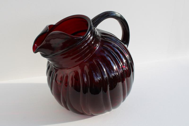 photo of vintage Anchor Hocking royal ruby red depression glass swirl pattern ball tilt pitcher #6