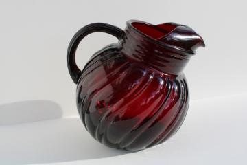 photo of vintage Anchor Hocking royal ruby red depression glass swirl pattern ball tilt pitcher