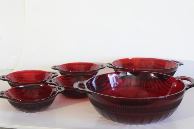 photo of vintage Anchor Hocking royal ruby red glass Coronation block optic fruit bowls & nappy #1