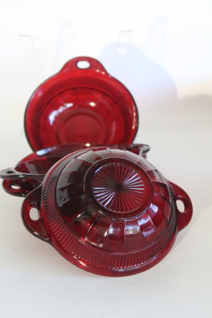 photo of vintage Anchor Hocking royal ruby red glass Coronation block optic fruit bowls & nappy #2