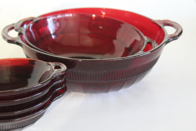 photo of vintage Anchor Hocking royal ruby red glass Coronation block optic fruit bowls & nappy #4