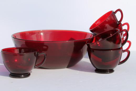 photo of vintage Anchor Hocking ruby red glass bowl & punch cups, Christmas egg nog set #1