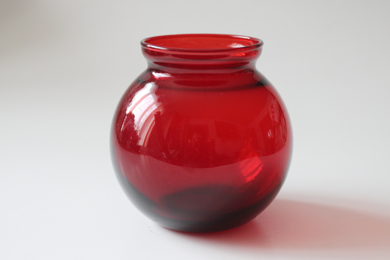 photo of vintage Anchor Hocking ruby red glass vase, round rose bowl ivy ball shape  #1