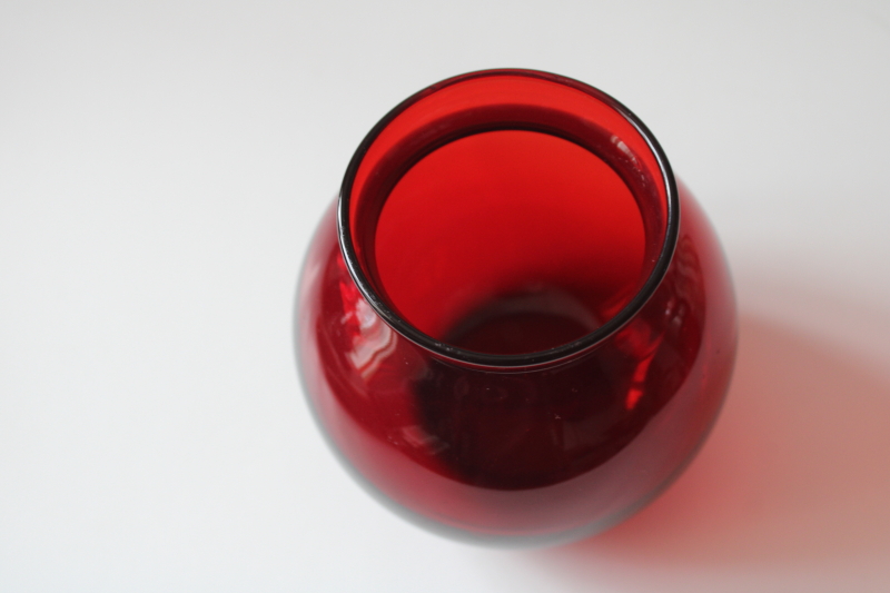 photo of vintage Anchor Hocking ruby red glass vase, round rose bowl ivy ball shape #2