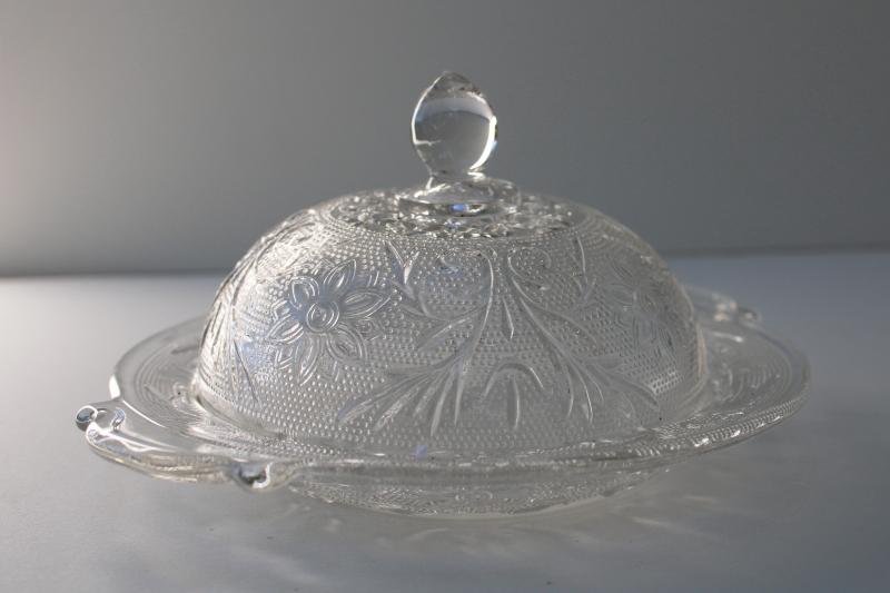 photo of vintage Anchor Hocking sandwich pattern clear glass round butter dish, plate & dome cover #1