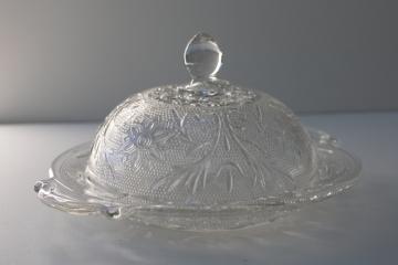 catalog photo of vintage Anchor Hocking sandwich pattern clear glass round butter dish, plate & dome cover