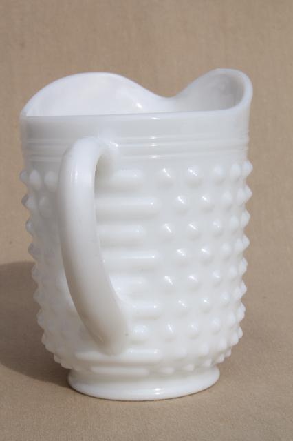 photo of vintage Anchor Hocking white milk glass creamer or pint milk pitcher, hobnail pattern glass #3