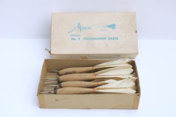catalog photo of vintage Apex No 2 tournament darts, complete set of 12 in original box, wood grips w/ real feathers 