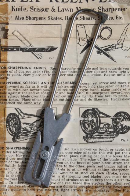 photo of vintage Apex sharpening tool w/ instructions, knife, scissors, old lawn mower blade sharpener #2