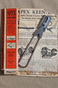 catalog photo of vintage Apex sharpening tool w/ instructions, knife, scissors, old lawn mower blade sharpener