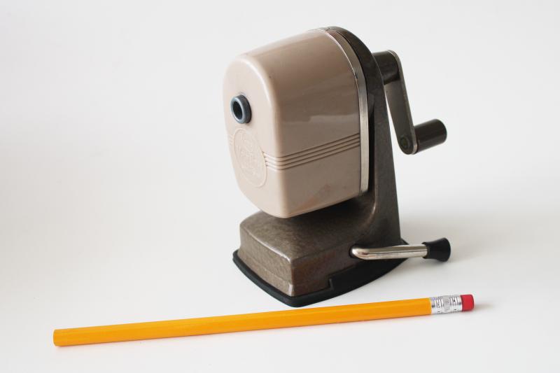 photo of vintage Apsco Vacu-base pencil sharpener, rotary hand crank sharpener office school desktop #1