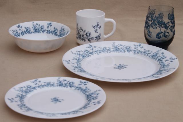 photo of vintage Arcopal Glenwood blue & white milk glass dishes w/ Libbey Tempo floral glasses #3