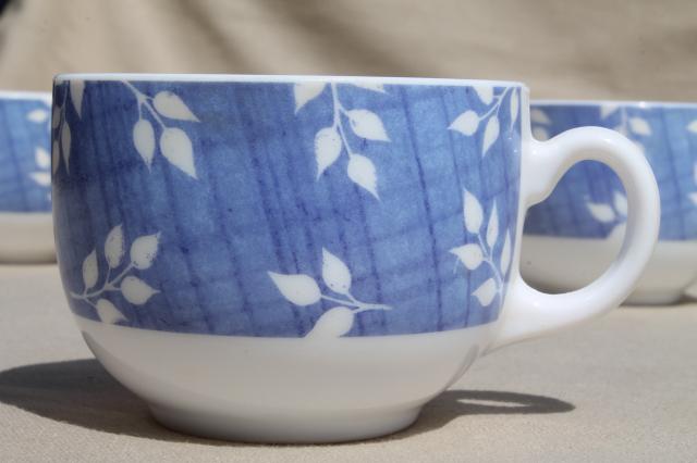 photo of vintage Arcopal milk glass dishes set for 6, blue & white leaf sprig pattern #24 #2