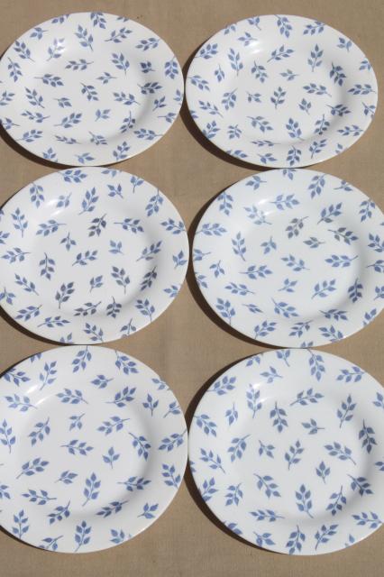 photo of vintage Arcopal milk glass dishes set for 6, blue & white leaf sprig pattern #24 #8