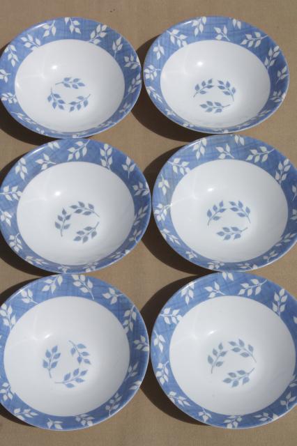 photo of vintage Arcopal milk glass dishes set for 6, blue & white leaf sprig pattern #24 #10