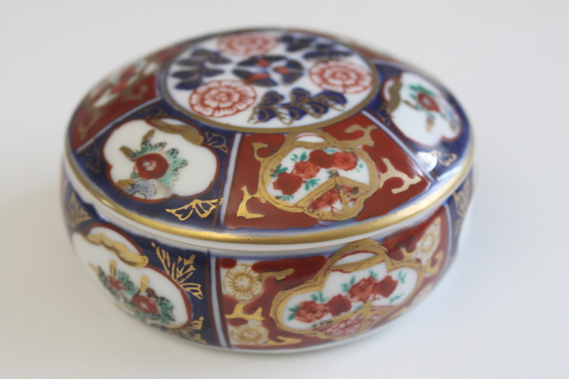 photo of vintage Arita Japan porcelain trinket box, hand painted Imari red & blue floral  #1