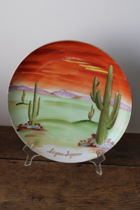 photo of vintage Arizona Saguaro cactus desert hand painted china plate, mid century travel souvenir  #1