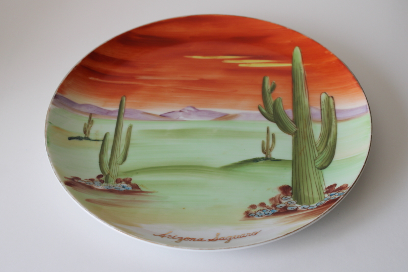 photo of vintage Arizona Saguaro cactus desert hand painted china plate, mid century travel souvenir  #2