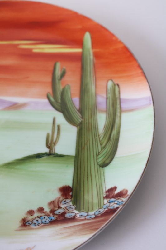 photo of vintage Arizona Saguaro cactus desert hand painted china plate, mid century travel souvenir  #3