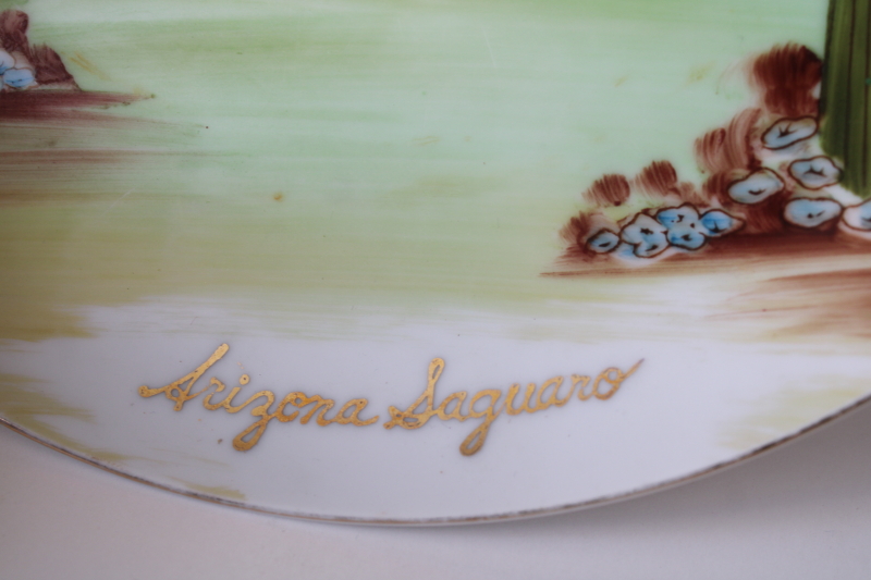 photo of vintage Arizona Saguaro cactus desert hand painted china plate, mid century travel souvenir  #4