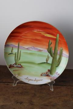 vintage Arizona Saguaro cactus desert hand painted china plate, mid century travel souvenir 