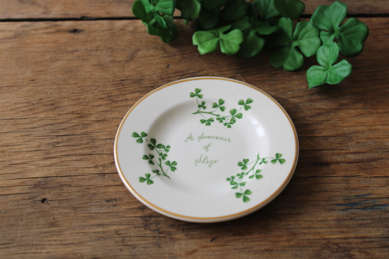 photo of vintage Arklow Ireland pottery, miniature plate w/ shamrocks, Souvenir of Sligo #1