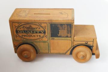 catalog photo of vintage Armour's Quality Products delivery van, wood toy truck savings bank 