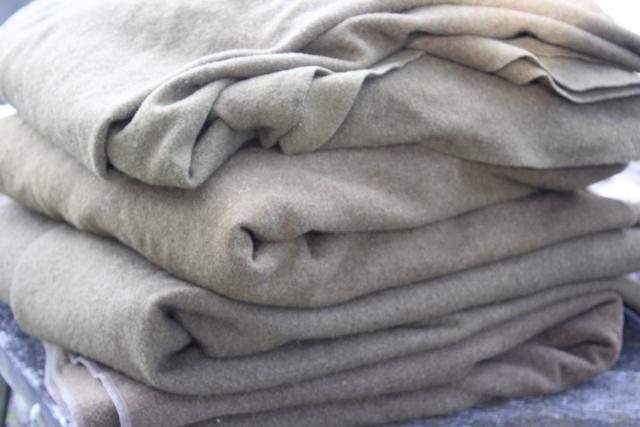 photo of vintage Army blankets, 50s US military olive drab green wool camp blanket lot #7