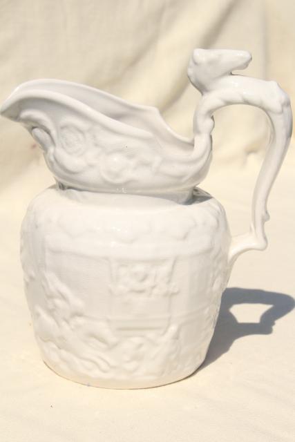 photo of vintage Arthur Wood England china pitcher, embossed creamware scene w/ horse and rider #3