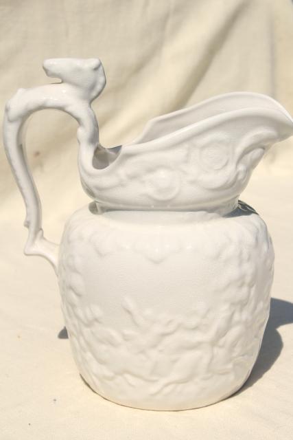 photo of vintage Arthur Wood England china pitcher, embossed creamware scene w/ horse and rider #5