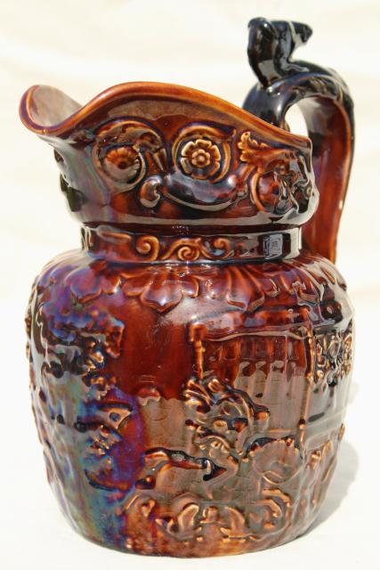 photo of vintage Arthur Wood - England pottery pitcher w/ embossed hunt scene, Rockingham brown glaze #1