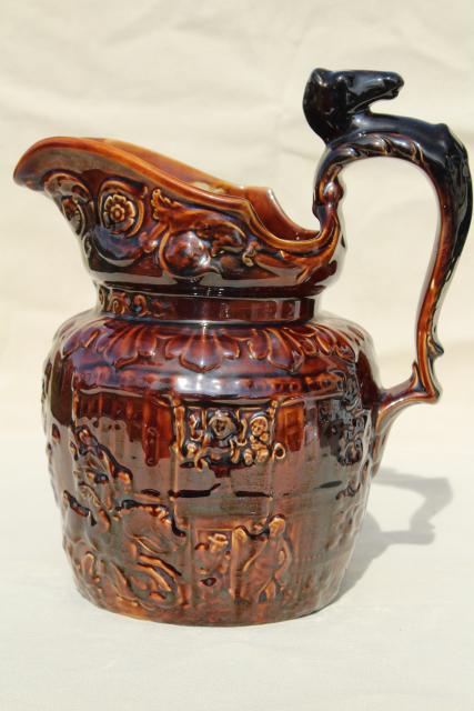 photo of vintage Arthur Wood - England pottery pitcher w/ embossed hunt scene, Rockingham brown glaze #2