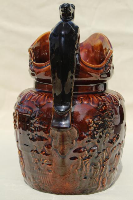 photo of vintage Arthur Wood - England pottery pitcher w/ embossed hunt scene, Rockingham brown glaze #3