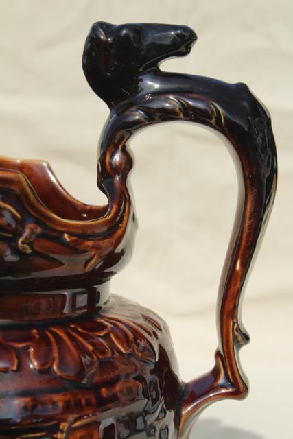 photo of vintage Arthur Wood - England pottery pitcher w/ embossed hunt scene, Rockingham brown glaze #6