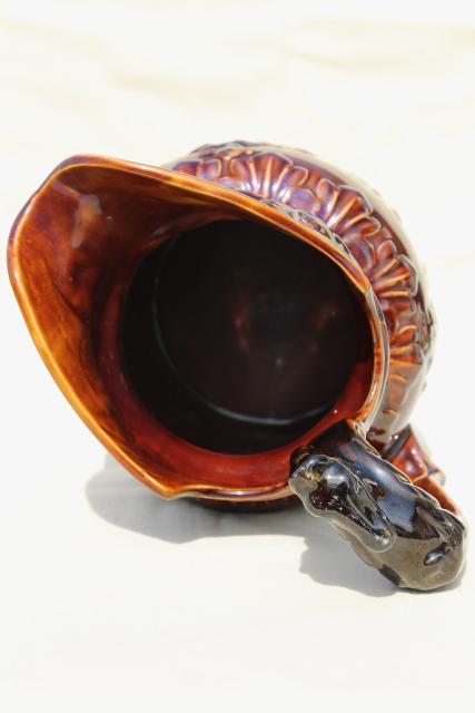 photo of vintage Arthur Wood - England pottery pitcher w/ embossed hunt scene, Rockingham brown glaze #7