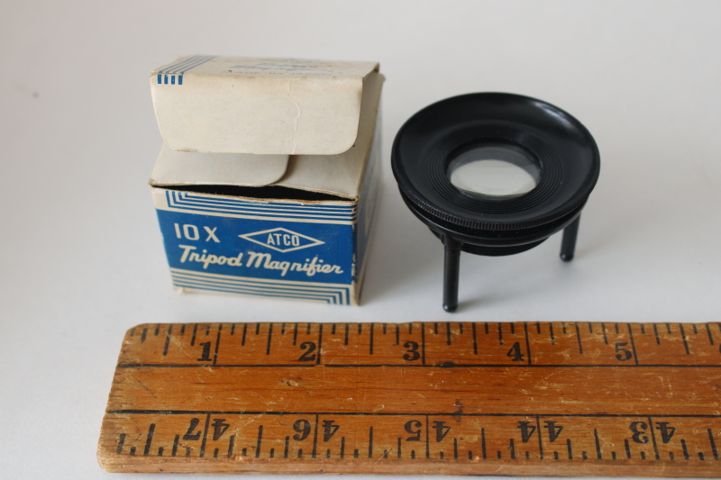 photo of vintage Atco Japan 10x magnifier in original box, mini magnifying glass lens bakelite tripod stand  #1