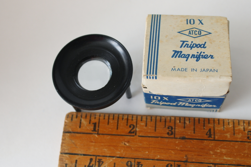 photo of vintage Atco Japan 10x magnifier in original box, mini magnifying glass lens bakelite tripod stand #2