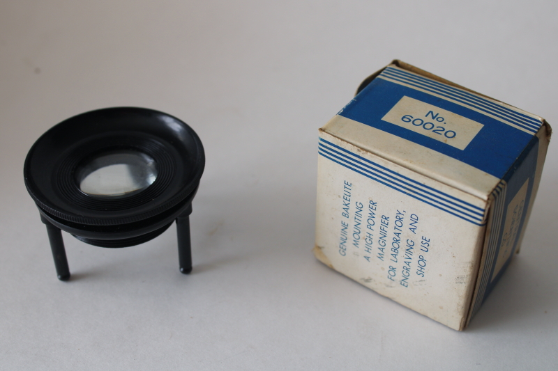 photo of vintage Atco Japan 10x magnifier in original box, mini magnifying glass lens bakelite tripod stand #3
