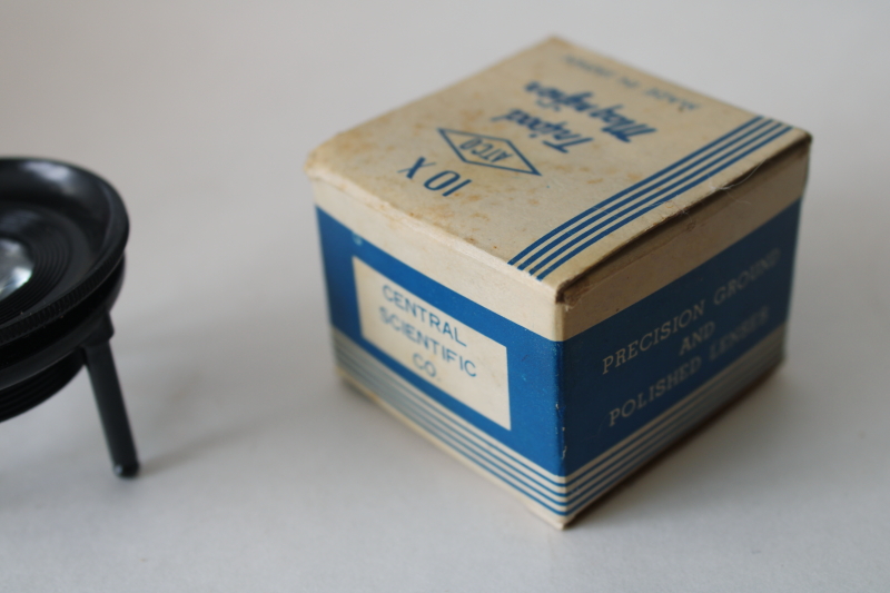 photo of vintage Atco Japan 10x magnifier in original box, mini magnifying glass lens bakelite tripod stand #4