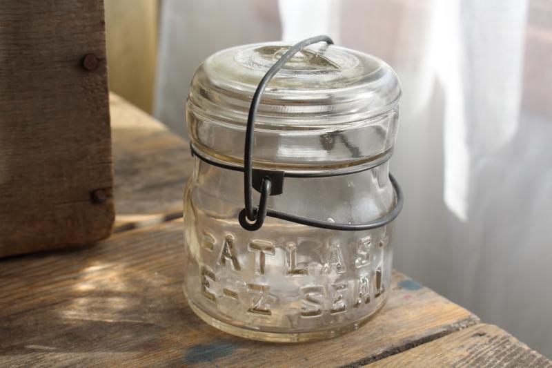 photo of vintage Atlas E-Z Seal half pint size canning jar w/ glass lid & wire bail #1