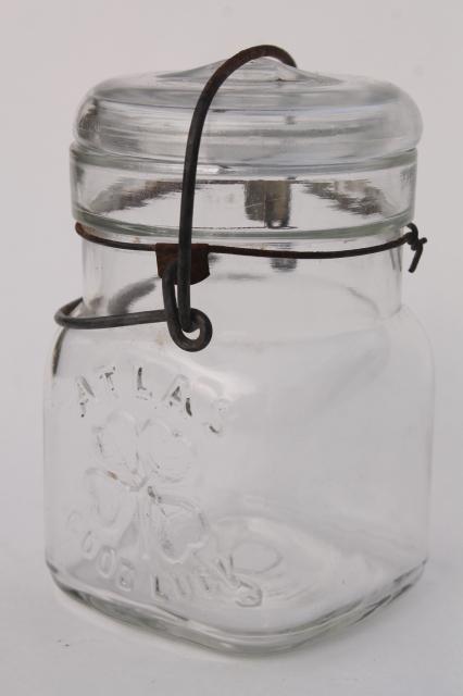 photo of vintage Atlas Good Luck canning jar w/ four leaf clover, clear glass lid wire bail half pint jar #1