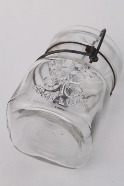 photo of vintage Atlas Good Luck canning jar w/ four leaf clover, clear glass lid wire bail half pint jar #2