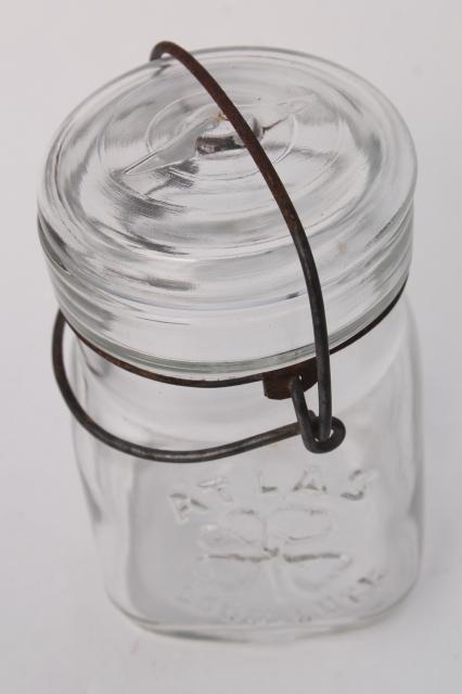 photo of vintage Atlas Good Luck canning jar w/ four leaf clover, clear glass lid wire bail half pint jar #5