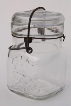 catalog photo of vintage Atlas Good Luck canning jar w/ four leaf clover, clear glass lid wire bail half pint jar