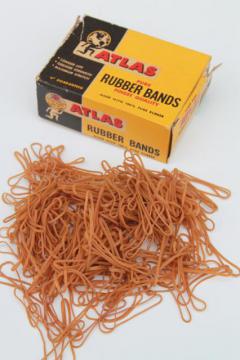 catalog photo of vintage Atlas natural pure rubber bands in old advertising box, original package 