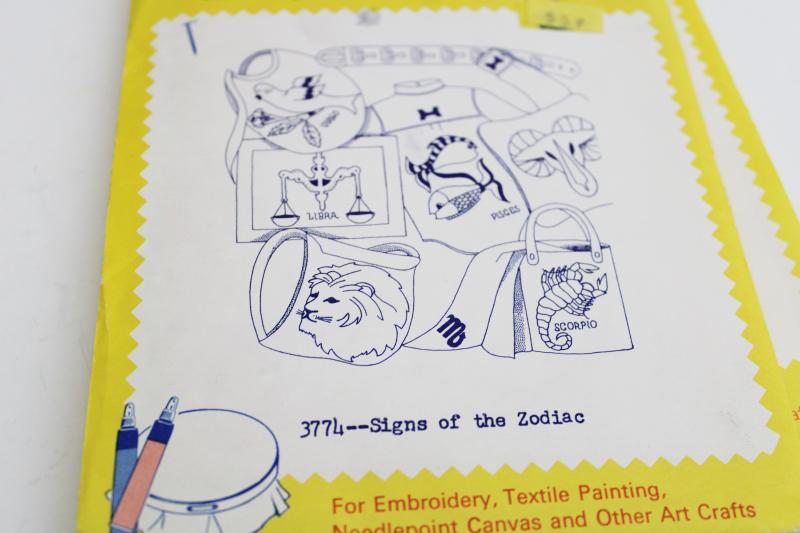 photo of vintage Aunt Martha's iron on embroidery transfers, astrological signs Zodiac designs #3