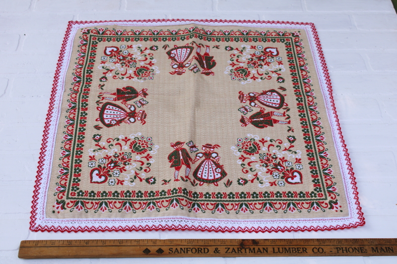 photo of vintage Austria cotton table mat square, folk art Tyrolean costume lederhosen boy & drindl girl Oktoberfest #1