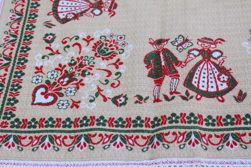 photo of vintage Austria cotton table mat square, folk art Tyrolean costume lederhosen boy & drindl girl Oktoberfest #3