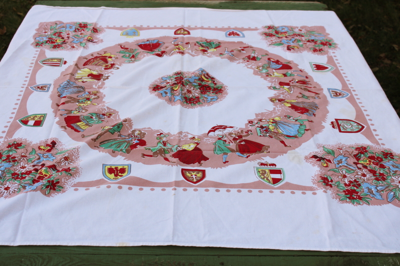 photo of vintage Austria print tablecloth, folk costume dancers & coat of arms for each of the Austrian regions  #1